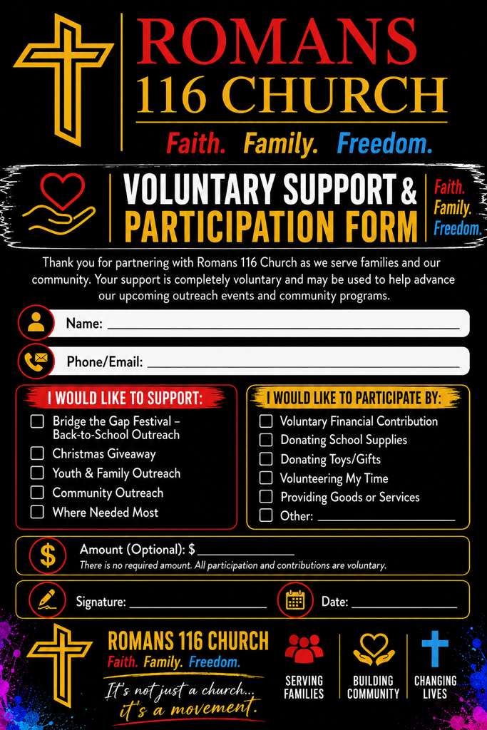 The printed Romans 116 Church Voluntary Support and Participation Form, with sections for support designations, participation options, an optional amount, and a signature.